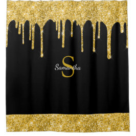 Chique Gouden Glitter Drip Glans Zwart Monogram Na Douchegordijn