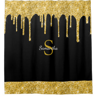 Chique Gouden Glitter Drip Glans Zwart Monogram Na Douchegordijn