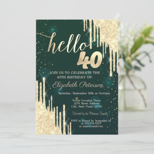 Chique gouden glitter druppels groen 40e verjaarda kaart (Staand voorkant)