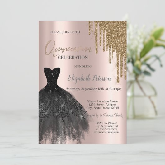 Chique gouden glitter druppels, jurk 15e verjaarda kaart (Staand voorkant)