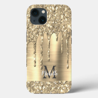 Chique Gouden Glitter Druppels Monogram Roze Metaa iPhone 13 Hoesje