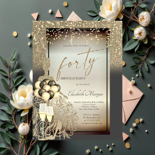 Chique gouden glitter jurk, ballonnen, 40e verjaar kaart