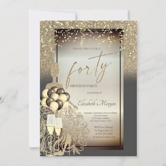Chique gouden glitter jurk, ballonnen, 40e verjaar kaart (Voorkant)