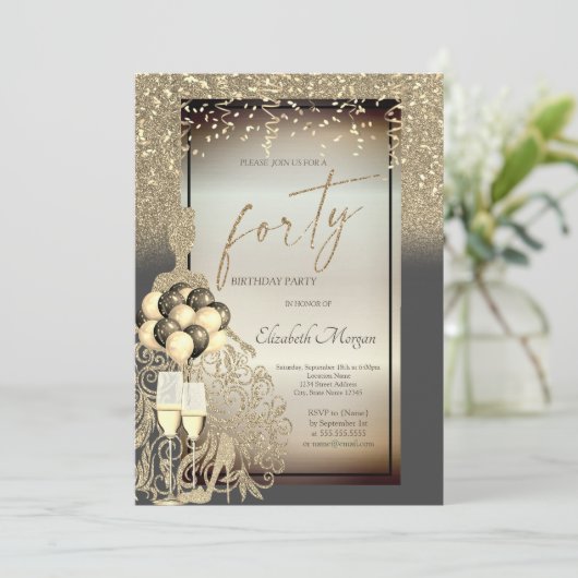 Chique gouden glitter jurk, ballonnen, 40e verjaar kaart (Staand voorkant)
