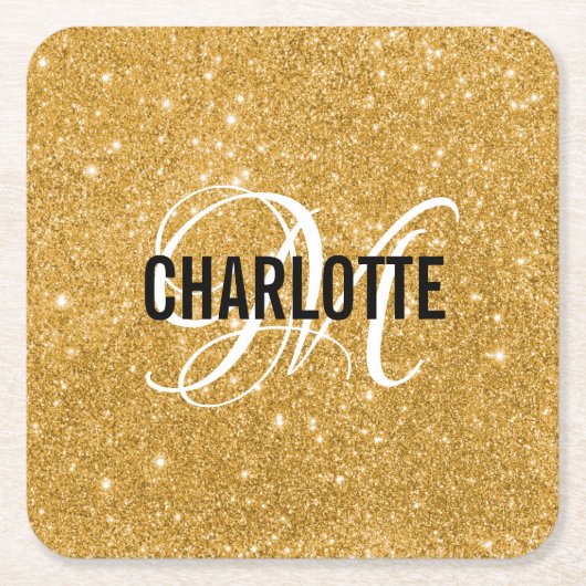 Chique gouden glitter monogram naam kartonnen onderzetters (Voorkant)
