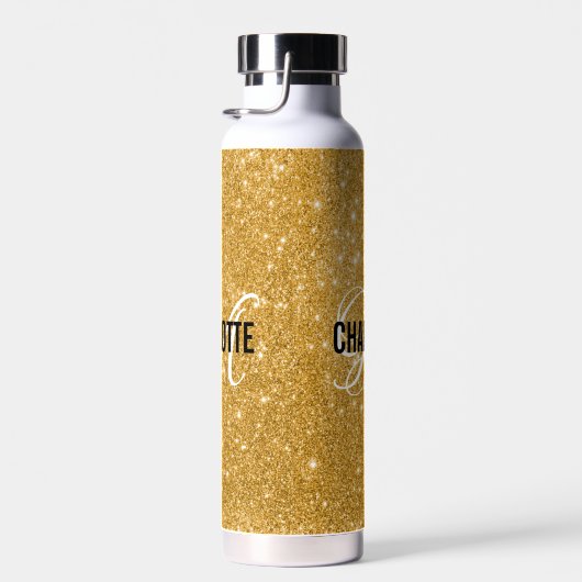 Chique gouden glitter monogram naam waterfles (Rechts)