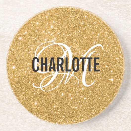 Chique gouden glitter monogram naam zandsteen onderzetter (Voorkant)