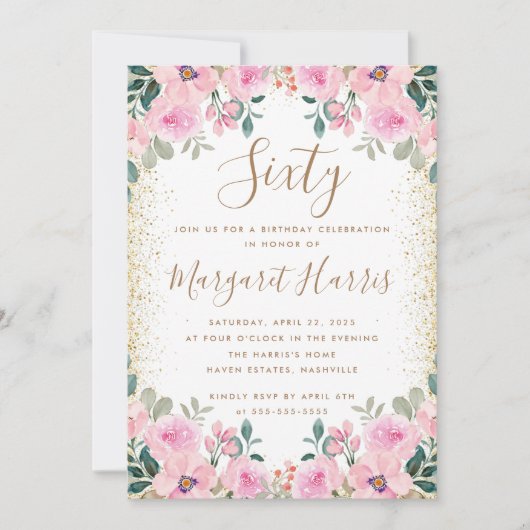 Chique Gouden Glitter Roze Bloemen 60ste Zestig Ve Kaart (Voorkant)