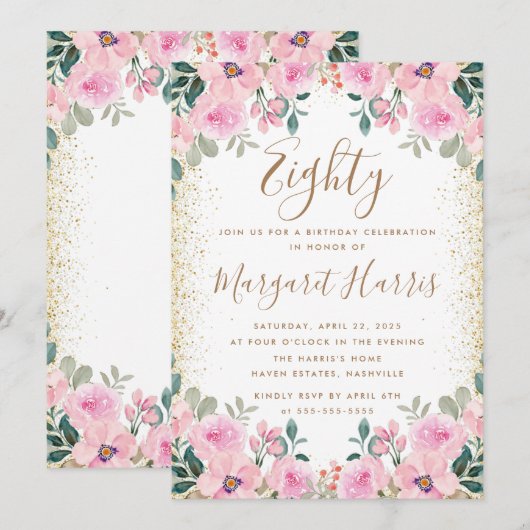 Chique Gouden Glitter Roze Bloemen 80ste Tachtig V Kaart (Voorkant / Achterkant)