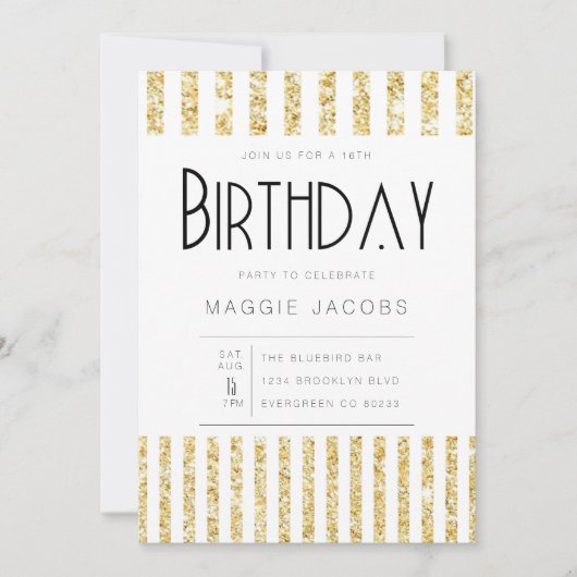 Chique gouden glitter strepen verjaardagsfeestje kaart (Voorkant)