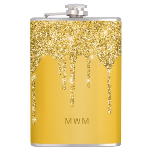 Chique Gouden Glitterdruppels Glans Monogram Heupfles (Voorkant)