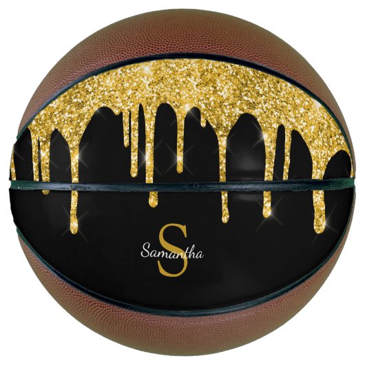 Chique Gouden Glitterdruppels Glans Zwart Monogram Basketbal (Voorkant)