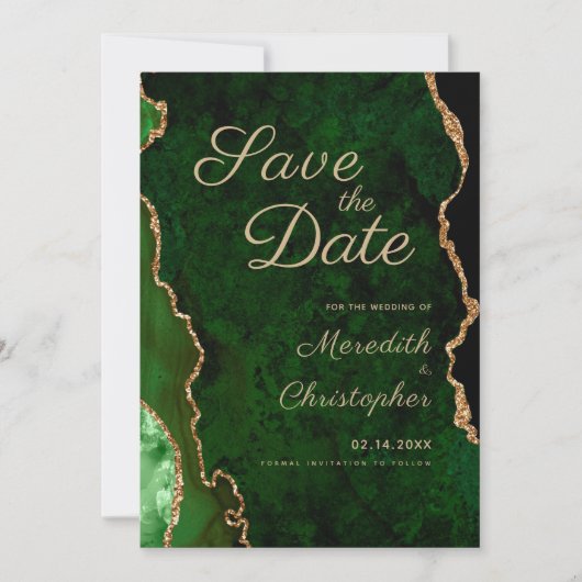 Chique Gouden Groene Agaat Bruiloft Save the Date (Voorkant)