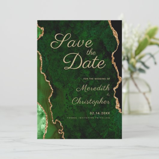 Chique Gouden Groene Agaat Bruiloft Save the Date (Staand voorkant)