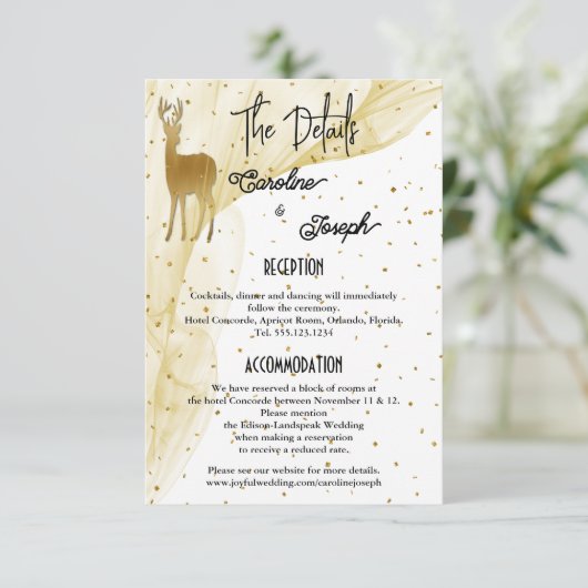 Chique gouden herten & Confetti bruiloft details Informatiekaartje (Staand voorkant)