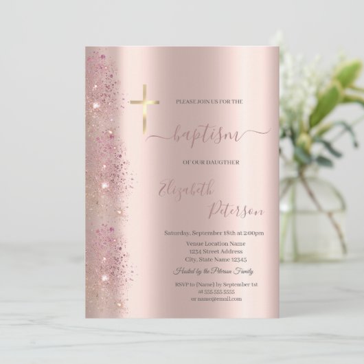 Chique gouden kruis doop Roos gouden glitter stof Kaart (Staand voorkant)