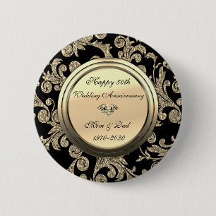 Chique Gouden Krullen Zwart 50-jarig Huwelijksjubi Ronde Button 5,7 Cm