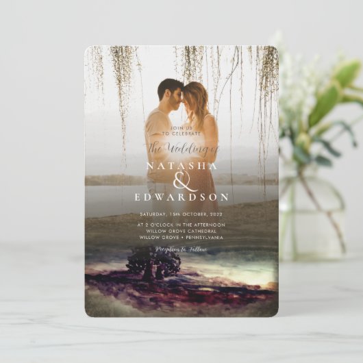 Chique gouden landschap overlay 2 foto's bruiloft kaart (Staand voorkant)