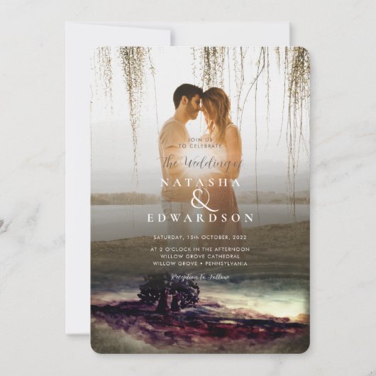 Chique gouden landschap overlay 2 foto's bruiloft kaart (Voorkant)