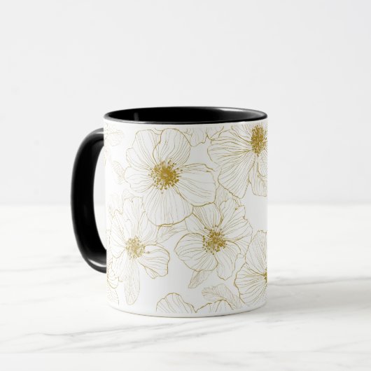 Chique Gouden Lijn Bloem Wit Bloemmotief Mok (Voorkant links)