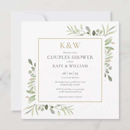 Chique Gouden Monogram Groene Koppels Bruisfeest V Kaart (Voorkant)