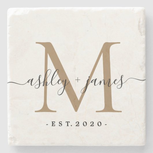 Chique Gouden Monogram Script Namen Trouwdatum Stenen Onderzetter (Voorkant)