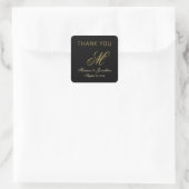 Chique gouden monogram script zwart bruiloft dank  vierkante sticker (Tas)