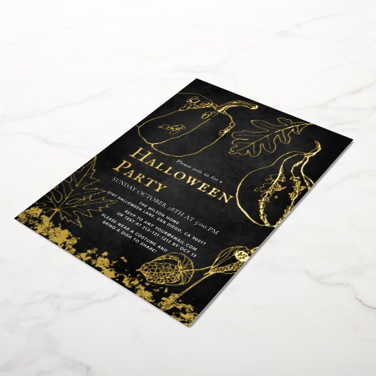 Chique gouden pompoen zwart Halloween Party Folie Uitnodiging (Gedraaid)