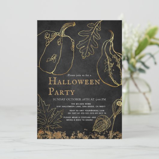 Chique gouden pompoen zwart Halloween Party Kaart (Staand voorkant)