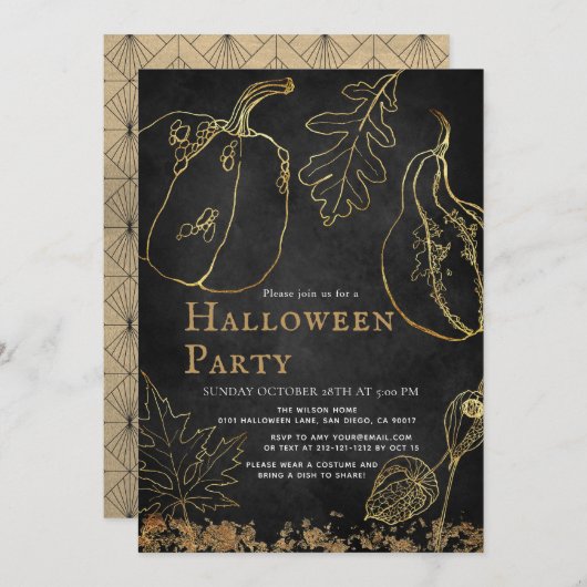 Chique gouden pompoen zwart Halloween Party Kaart (Voorkant / Achterkant)