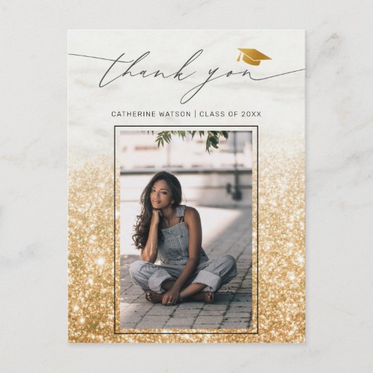 Chique gouden roze glitter Afstuderen foto dank u Briefkaart (Voorkant)