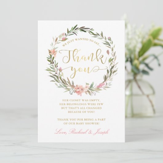 Chique gouden schrift krans babyshower bedankkaart kaart (Staand voorkant)