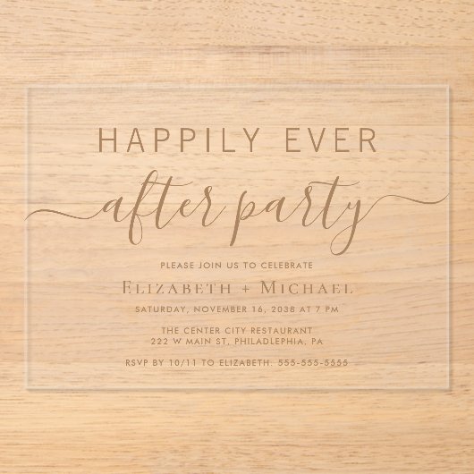 Chique gouden script bruiloft na feest acryl uitnodigingen (Voorkant)