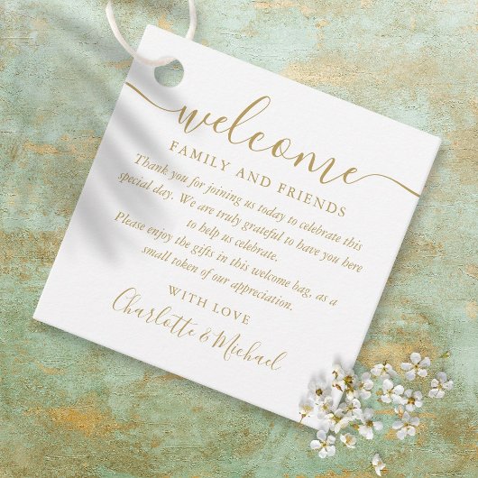 Chique gouden script bruiloft welkomstcadeau mand  bedankjes labels