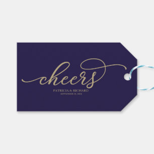 Chique gouden script Cheers Navy Blue wijnfleslabe Cadeaulabel