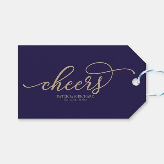 Chique gouden script Cheers Navy Blue wijnfleslabe Cadeaulabel (Voorkant (Horizontaal))
