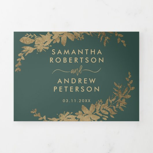 Chique gouden script Floral blad elegante bruiloft Drieluik Uitnodiging (Cover)