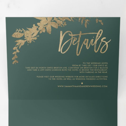 Chique gouden script Floral blad elegante bruiloft Drieluik Uitnodiging (Binnenzijde eerst)