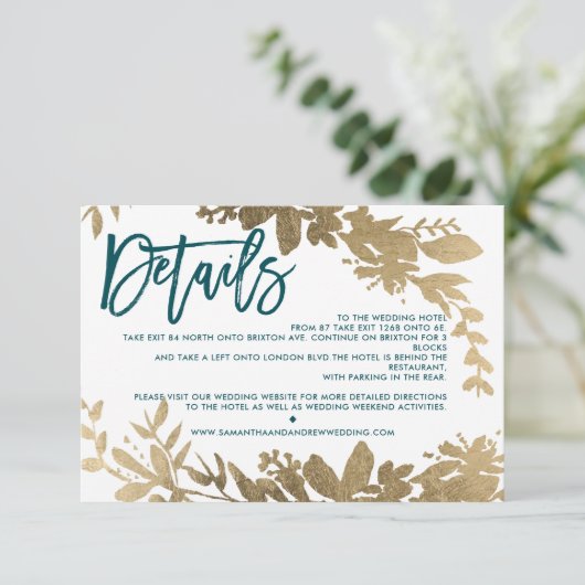 Chique gouden script Floral blauwgroen bruiloft ri Kaart (Staand voorkant)