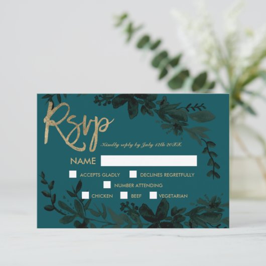 Chique gouden script Floral donkergroen rsvp bruil (Staand voorkant)