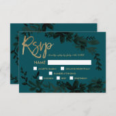 Chique gouden script Floral donkergroen rsvp bruil (Voorkant / Achterkant)