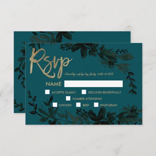 Chique gouden script Floral donkergroen rsvp bruil (Voorkant / Achterkant)