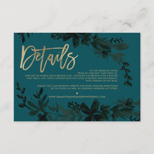Chique gouden script Floral groene bruiloft richti Informatiekaartje (Voorkant)