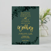 Chique gouden script typografie Florale groene tro Folie Uitnodiging (Staand Voorkant)