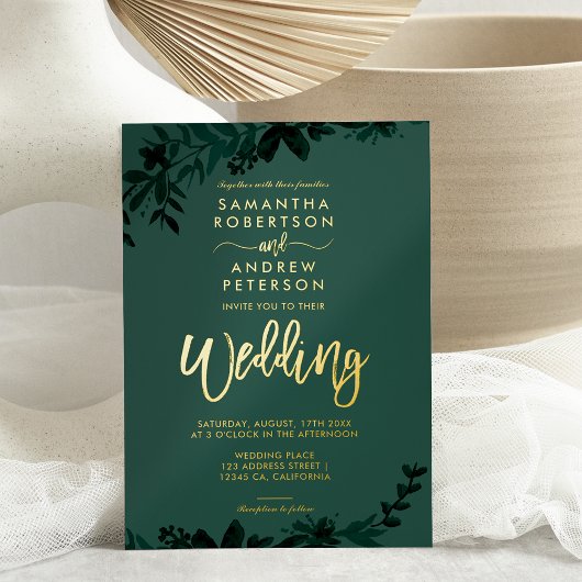 Chique gouden script typografie Florale groene tro Folie Uitnodiging