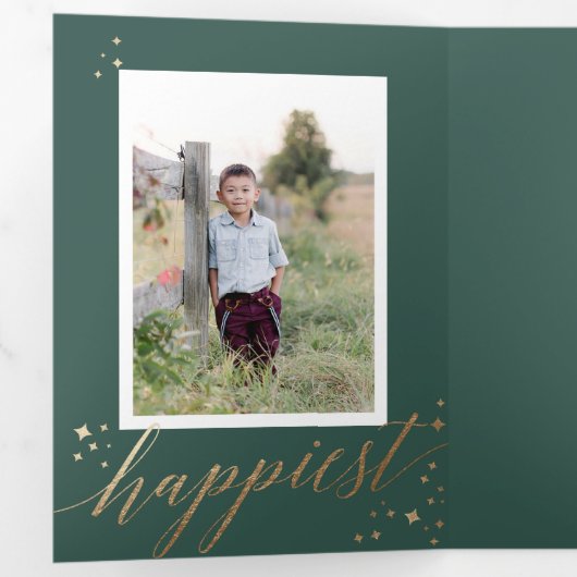 Chique gouden sterrenstof Tri-fold Groene Kerstmis Drieluik Uitnodiging (Binnenzijde eerst)