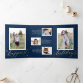 Chique gouden sterrenstof Tri-fold Navy Kerst Foto Drieluik Uitnodiging (Binnen)