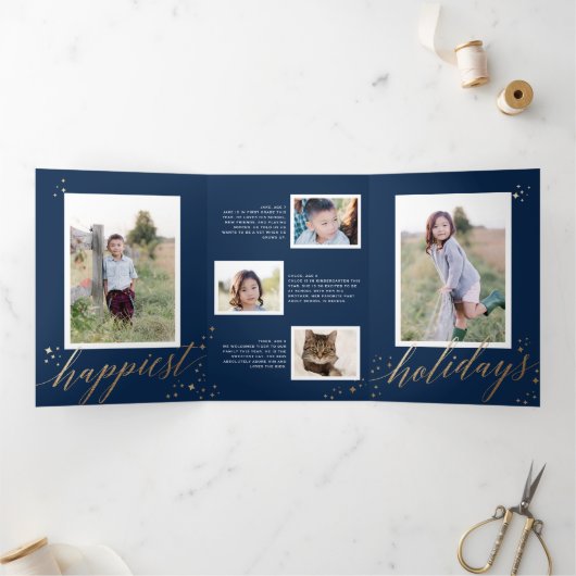 Chique gouden sterrenstof Tri-fold Navy Kerst Foto Drieluik Uitnodiging (Binnen)