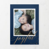 Chique gouden sterrenstof Tri-fold Navy Kerst Foto Drieluik Uitnodiging (Cover)