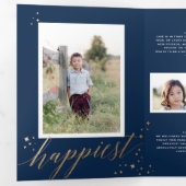 Chique gouden sterrenstof Tri-fold Navy Kerst Foto Drieluik Uitnodiging (Binnenzijde eerst)